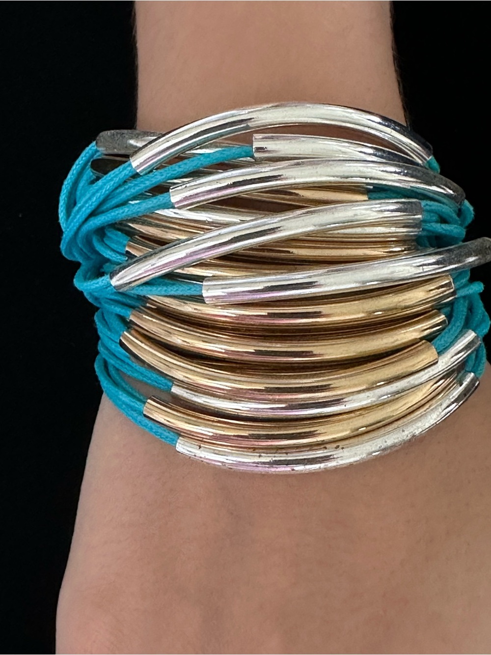 Turquoise Multi-Strand Gold & Silver Tube Bracelet